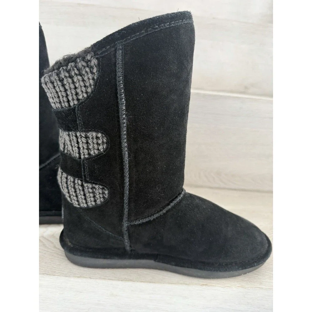 Bearpaw Boshie Black Suede Knit Sheepskin Wool Buckle Boots Youth Size 5